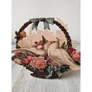 Gifted line doves basket lithograph cardboard cutout repro Valentine's Day bird